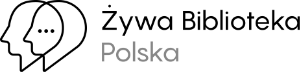 Logo sieci Żywa Biblioteka Polska z podpisem. Kontur dwóch głów widocznych z profilu, zachodzących na siebie, tworząc przestrzeń, zbiór wspólny, w którym są trzy kropki sugerujące tocząca się rozmowę